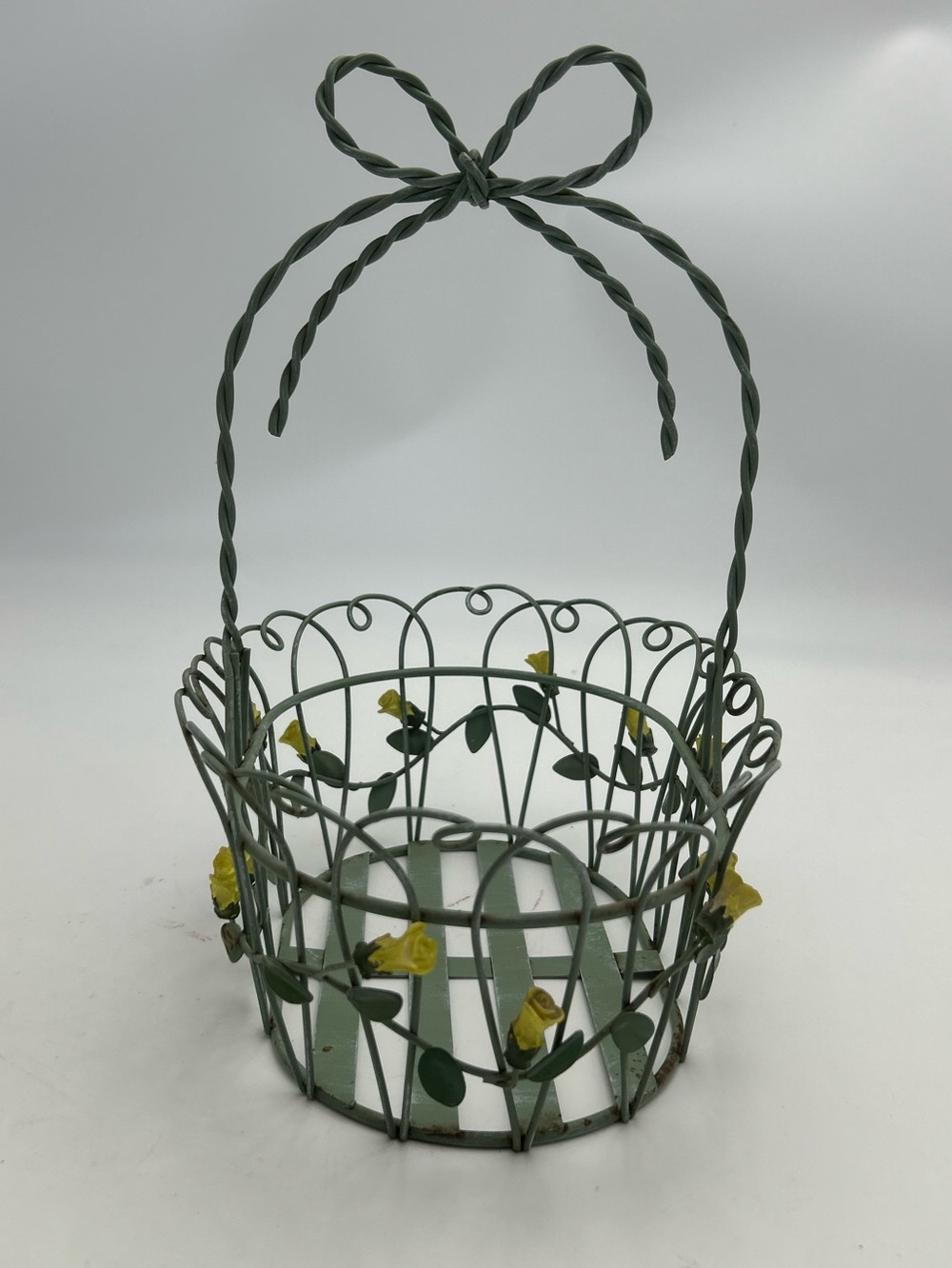 Decorative Vintage Green Metal Basket with Yellow Flower Accents